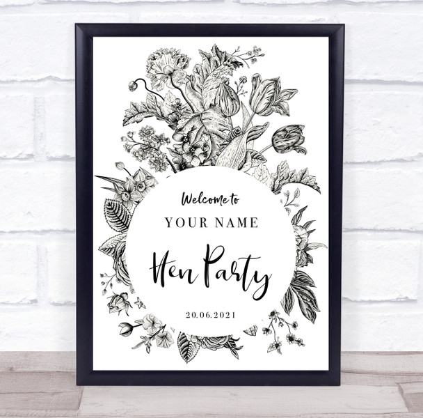Black And White Floral Circle Welcome To Hen Do Personalised Event Party Sign
