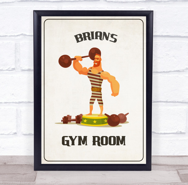 Cartoon Strong Man Holding Weight Gym Room Personalised Wall Art Sign