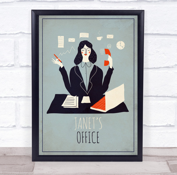 Abstract Woman In Office Red Phone At Desk Laptop Room Personalised Art Sign