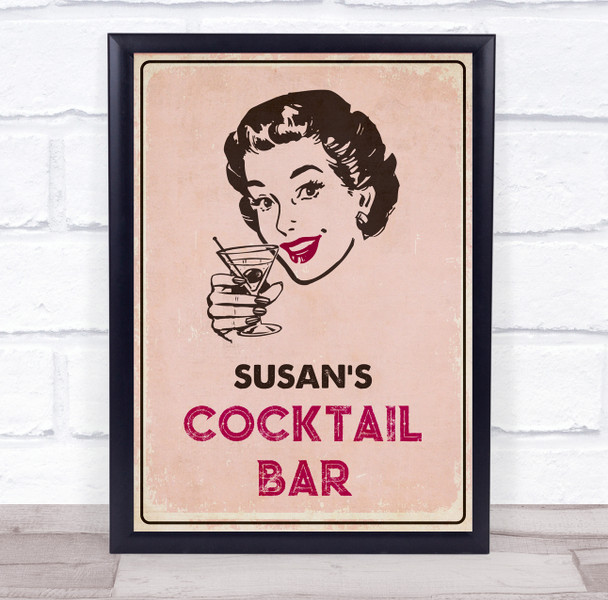 Retro Happy Woman Pink Drink Cocktail Bar Version Room Personalised Art Sign