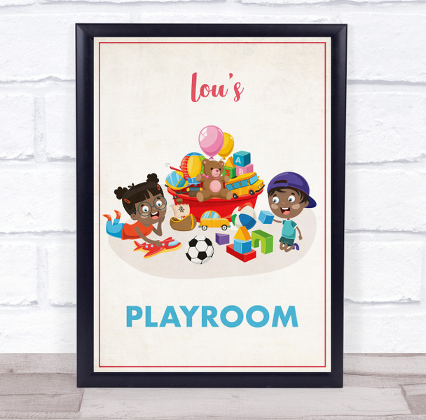 Dark Skin Kids On Floor Toys Play Room Personalised Wall Art Sign