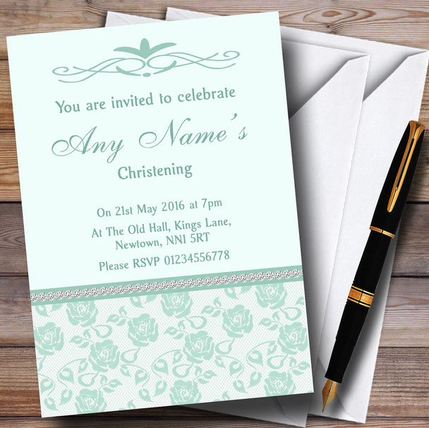 Pretty Mint Green & Sage Floral Diamante Customised Christening Invitations
