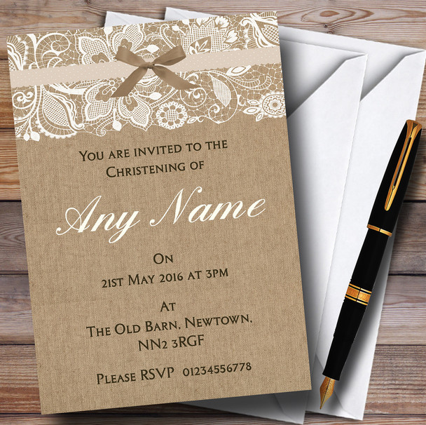 Vintage Burlap & Lace Customised Christening Invitations