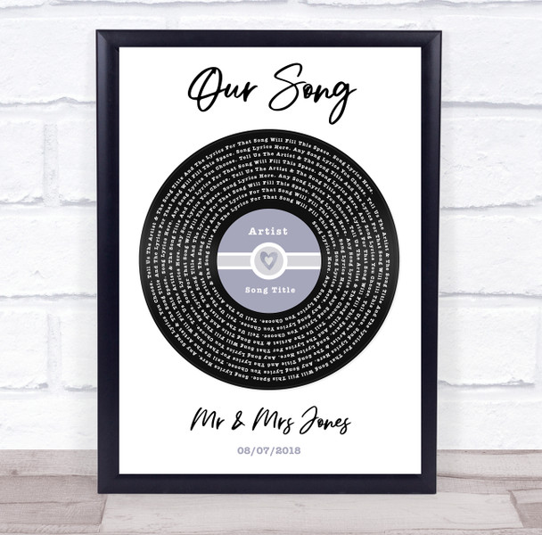 Blue Heart Vinyl Record Label Any Song Lyric Personalised Music Wall Art Print