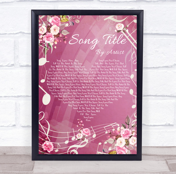 Pink Floral Music Notes Heart Any Song Lyric Personalised Music Wall Art Print