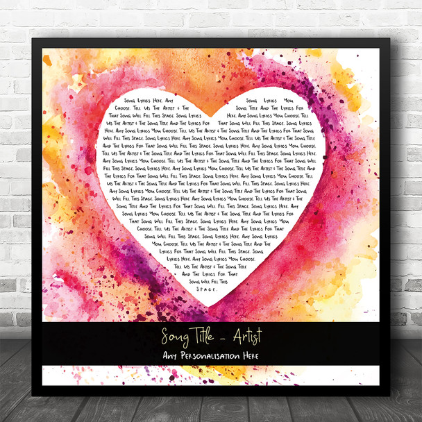 Pink Yellow Watercolour Paint Heart Square Any Song Lyric Personalised Print