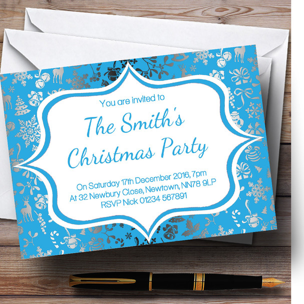 Light Blue & Silver Classique Customised Christmas Party Invitations