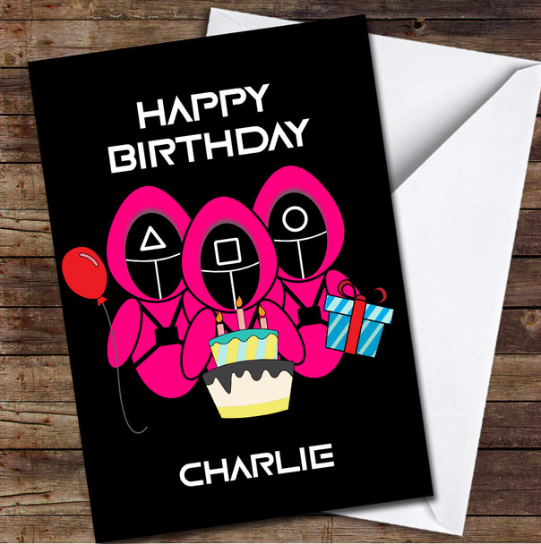 Squid Game Funny Three Pink Jackets Cake Personalised Birthday Card