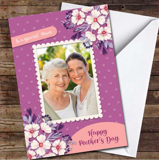 Your Photo Purple With Flowers Personalised Mother's Day Card