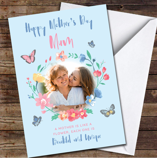 Floral Your Photo Blue Mum Personalised Mother's Day Card