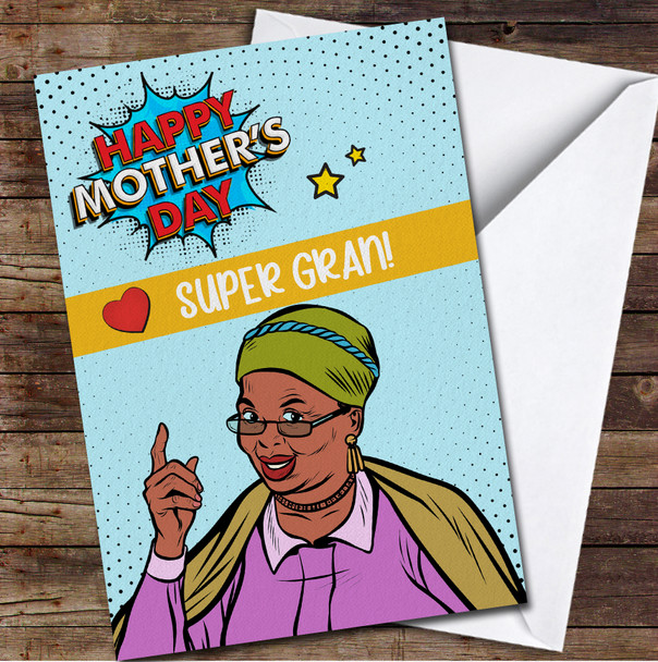 Dark Skin Pop Art Retro Style Grandma Super Gran Personalised Mother's Day Card