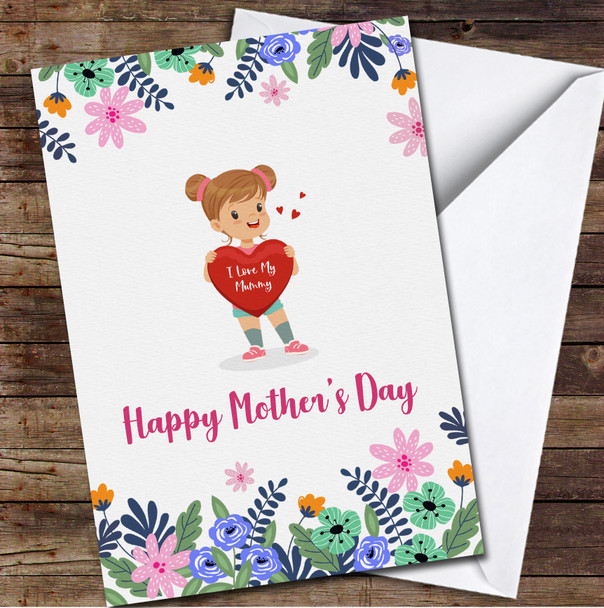 Light Brown Hair Girl With Red Hearts In Hands Personalised Mother's Day Card