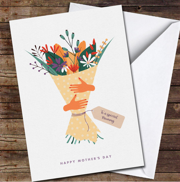 Women's Hands Hold A Bouquet Of Flowers Yellow Personalised Mother's Day Card