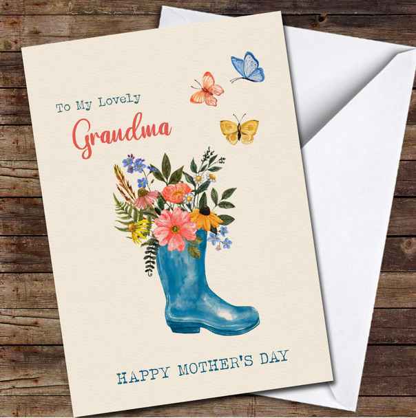Watercolour Welly Boot With Bouquet Grandma Personalised Mother's Day Card