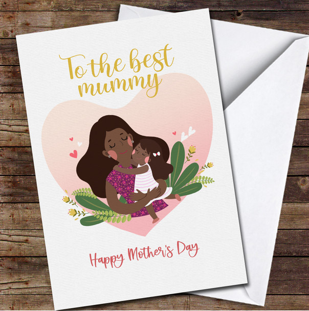 Dark Skin Mother Hugging Her Daughter Gold Personalised Mother's Day Card
