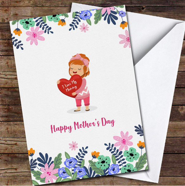 Ginger Hair Girl With Red Hearts In Hands Personalised Mother's Day Card