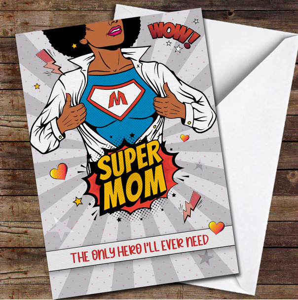 Pop Art Style Dark Skin Mother Superhero Personalised Mother's Day Card