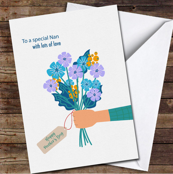 Hand Holding Bouquet Of Flowers Blue Personalised Mother's Day Card