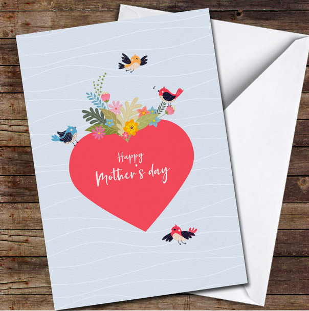 Birds And Flowers Red Heart Blue Personalised Mother's Day Card