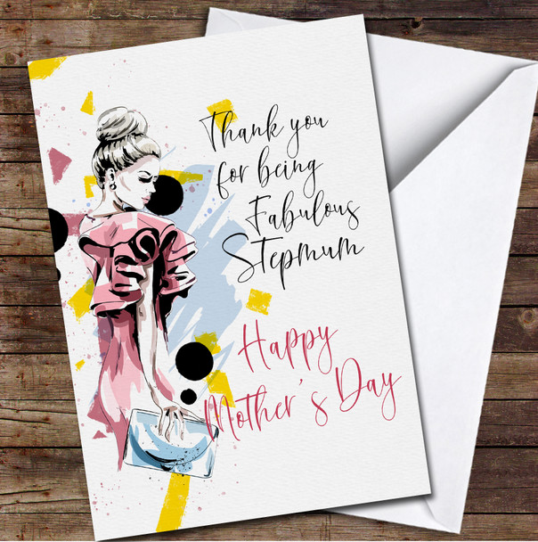 Fashion Woman Stepmum Pink Dress Personalised Mother's Day Card