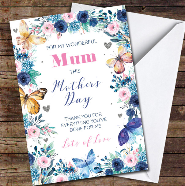 Mum Blue Butterfly Flowers Personalised Mother's Day Card