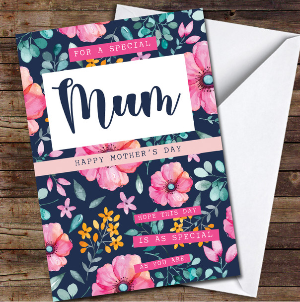 Pink Blue Flowers Mum Personalised Mother's Day Card