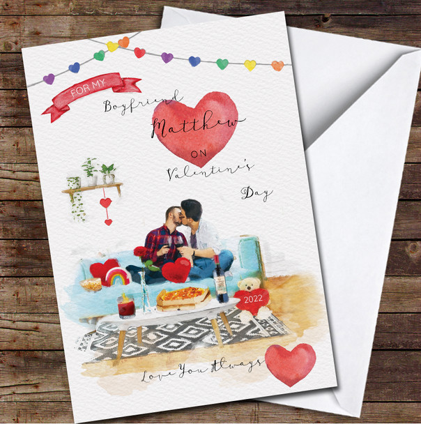 Boyfriend Gay Sofa Cosy Indoor Dinner Watercolour Valentine's Day Card
