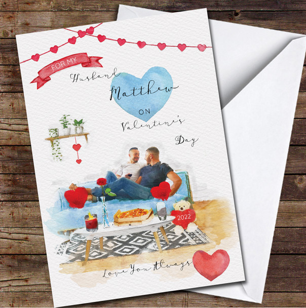 Husband Gay Sofa Cosy Indoor Dinner Watercolour Valentine's Day Card