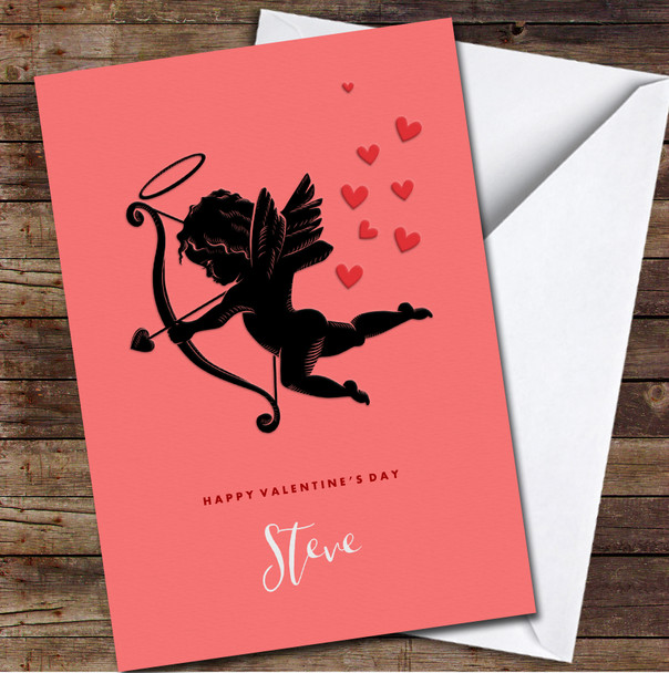 Cupid With A Bow And Arrow On Red Background Personalised Valentine's Day Card