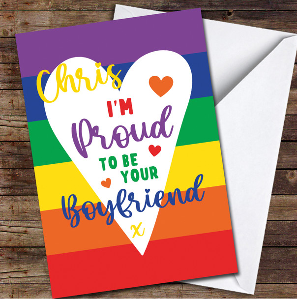 Proud Boyfriend Gay Lgbtq Flag Typographic Personalised Valentine's Day Card