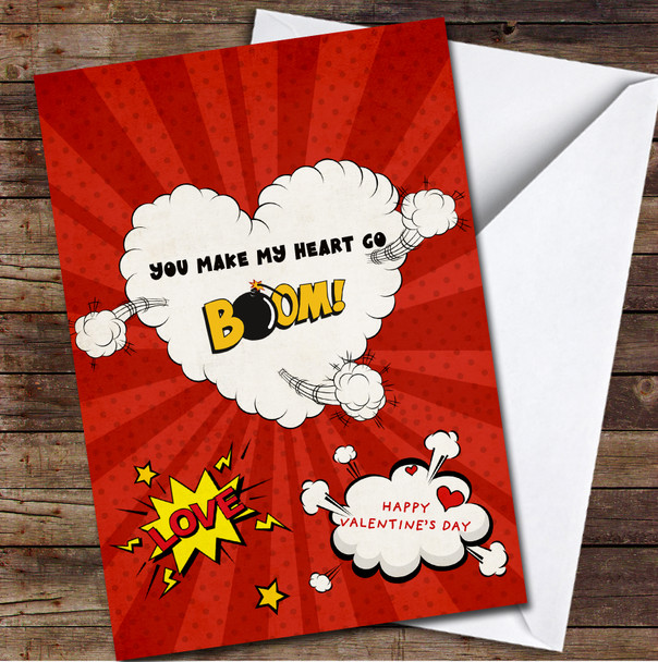 Cartoon Style Bomb Heart And Match In Fire Personalised Valentine's Day Card