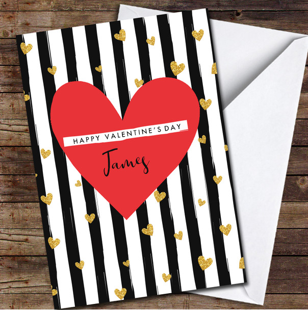 Gold Glittering Heart Striped Background Personalised Valentine's Day Card