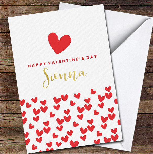 Red Hearts Pink Background Gold Letters Personalised Valentine's Day Card