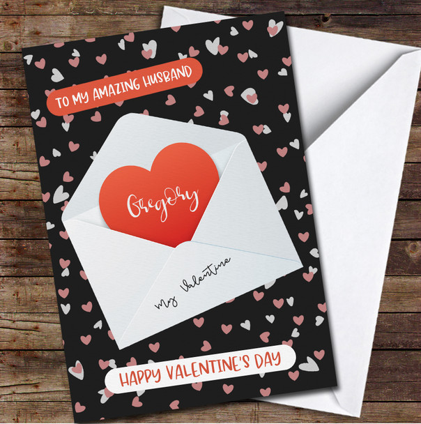 Red Heart In Envelope Black Background Personalised Valentine's Day Card