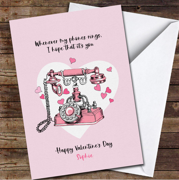 Vintage Pink Telephone With Hearts Personalised Valentine's Day Card
