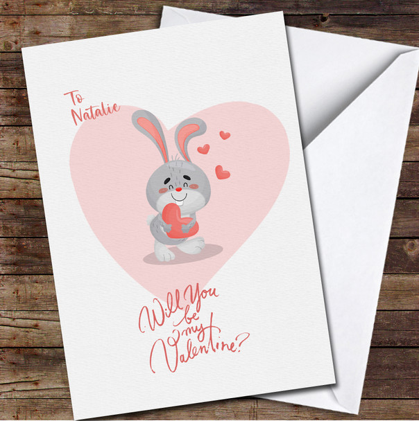 Cute Happy Rabbit Holding Heart Personalised Valentine's Day Card