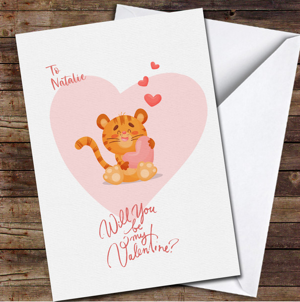 Cute Happy Tiger Holding Heart Personalised Valentine's Day Card