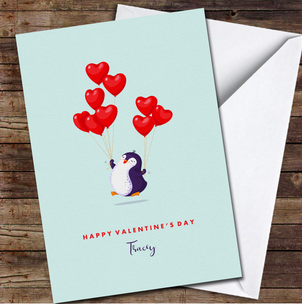 Penguin With Balloons Hearts Personalised Valentine's Day Card