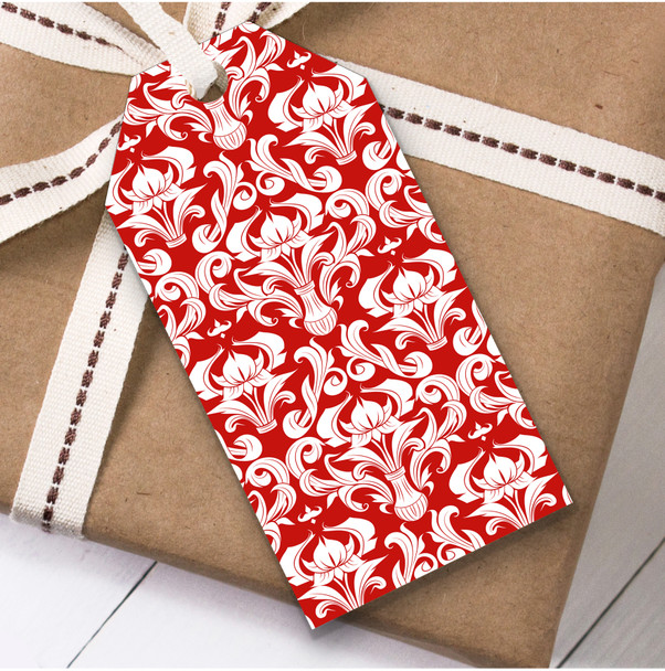 Red White Damask Swirly Repeat Birthday Present Favor Gift Tags