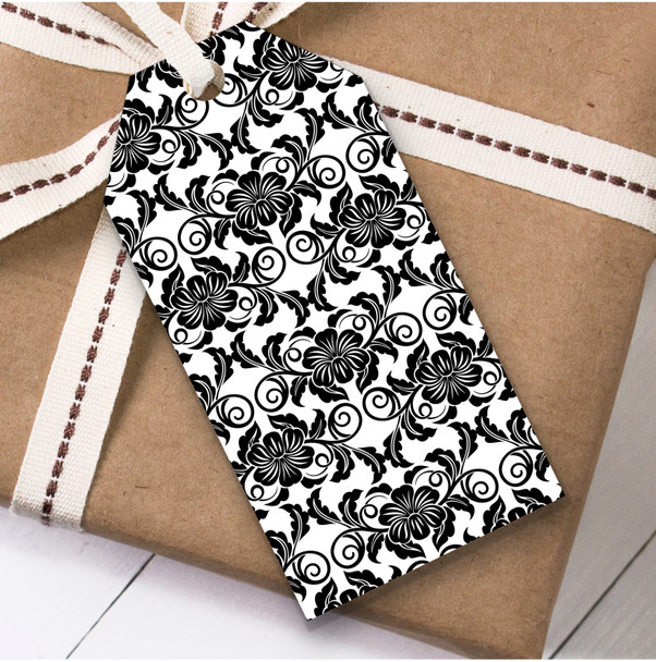 Black & White Floral Fancy Swirl Birthday Present Favor Gift Tags