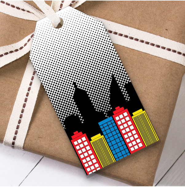Colourful Comic City Skyline Dot Gradient Children's Birthday Present Gift Tags