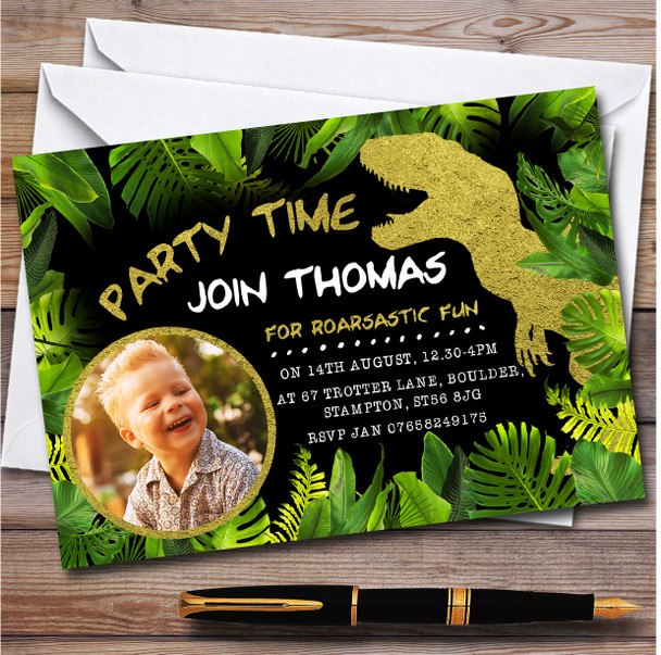 Photo Dinosaur Gold & Wild Personalised Children's Birthday Party Invitations