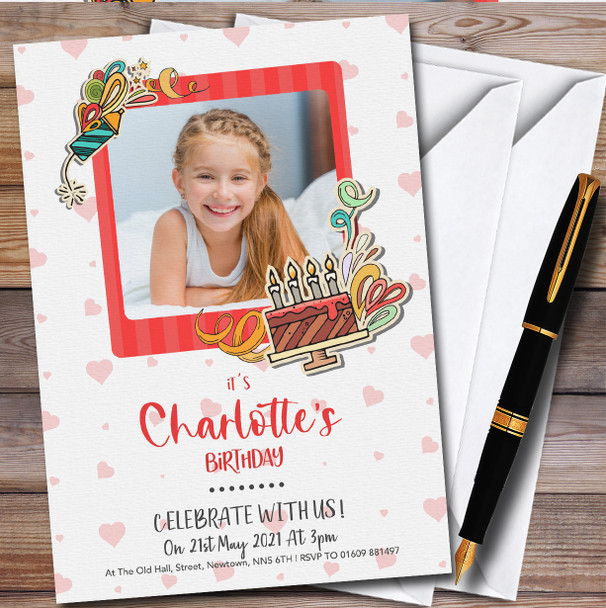 Cake And Hearts Photo Personalised Children's Kids Birthday Party Invitations