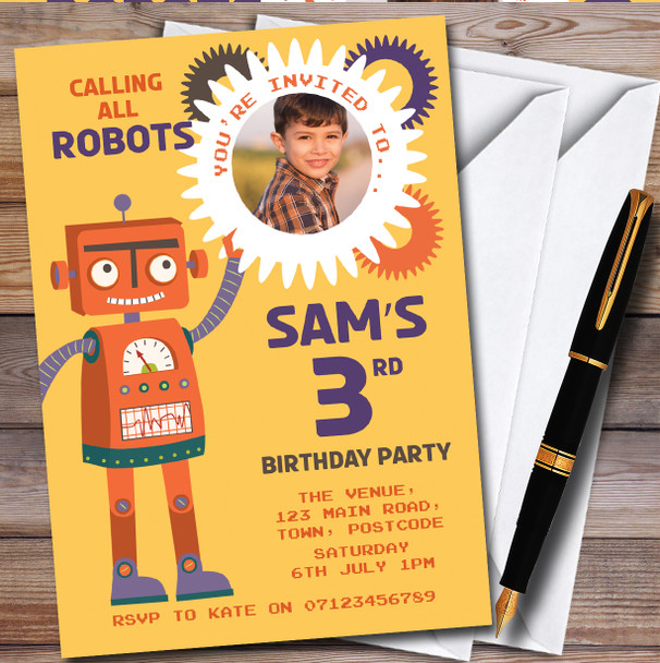 Yellow Orange Robot Photo Personalised Children's Birthday Party Invitations