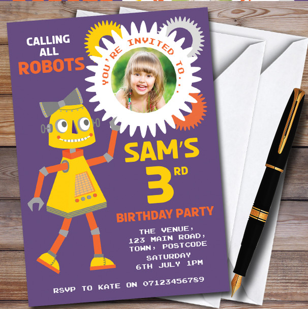 Purple Yellow Robot Photo Personalised Children's Birthday Party Invitations