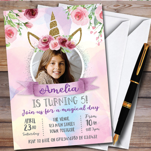 Unicorn Floral Photo Personalised Children's Kids Birthday Party Invitations