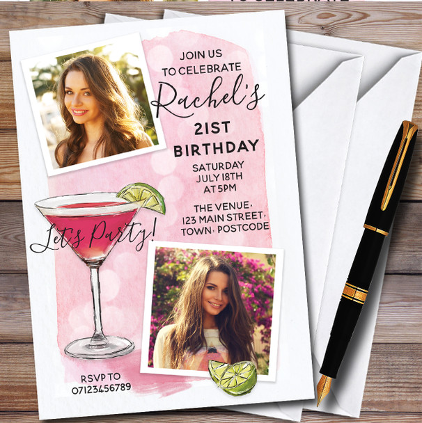 Cosmo Cocktail Photo Pink Personalised Birthday Party Invitations