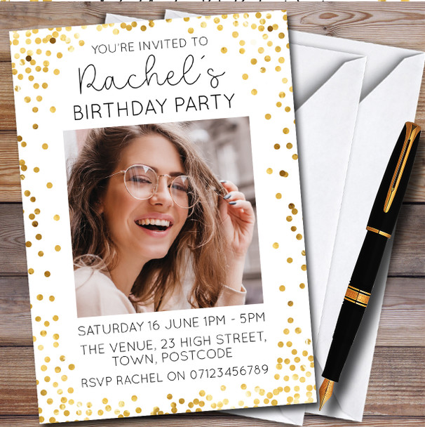 Gold Confetti Photo Personalised Birthday Party Invitations