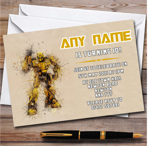 Transformers Bumblebee Vintage Watercolour Children's Birthday Party Invitations