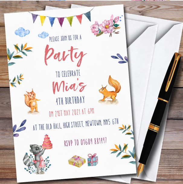 Watercolour Squirrels Raccoon Personalised Children's Birthday Party Invitations